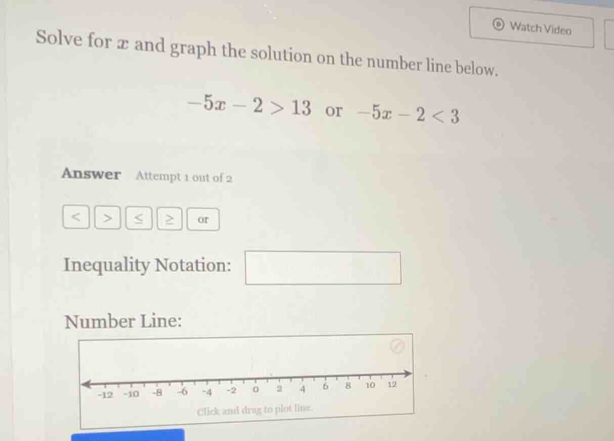 solve for $x$ and graph the solution on the number line below. $-5x - 2…