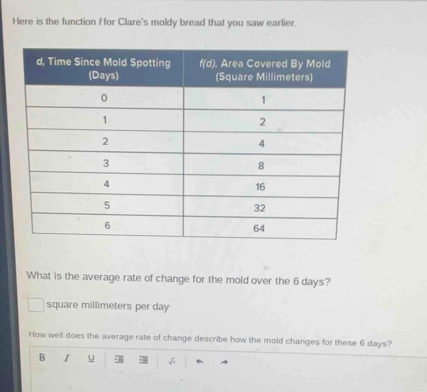here is the function f for clares moldy bread that you saw earlier. d, …
