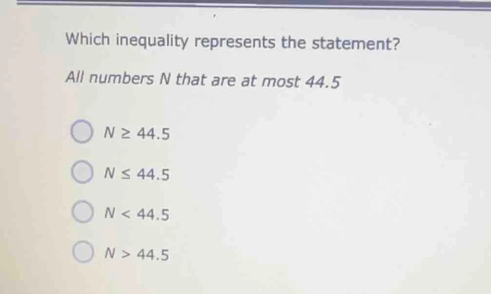 which inequality represents the statement? all numbers n that are at mo…