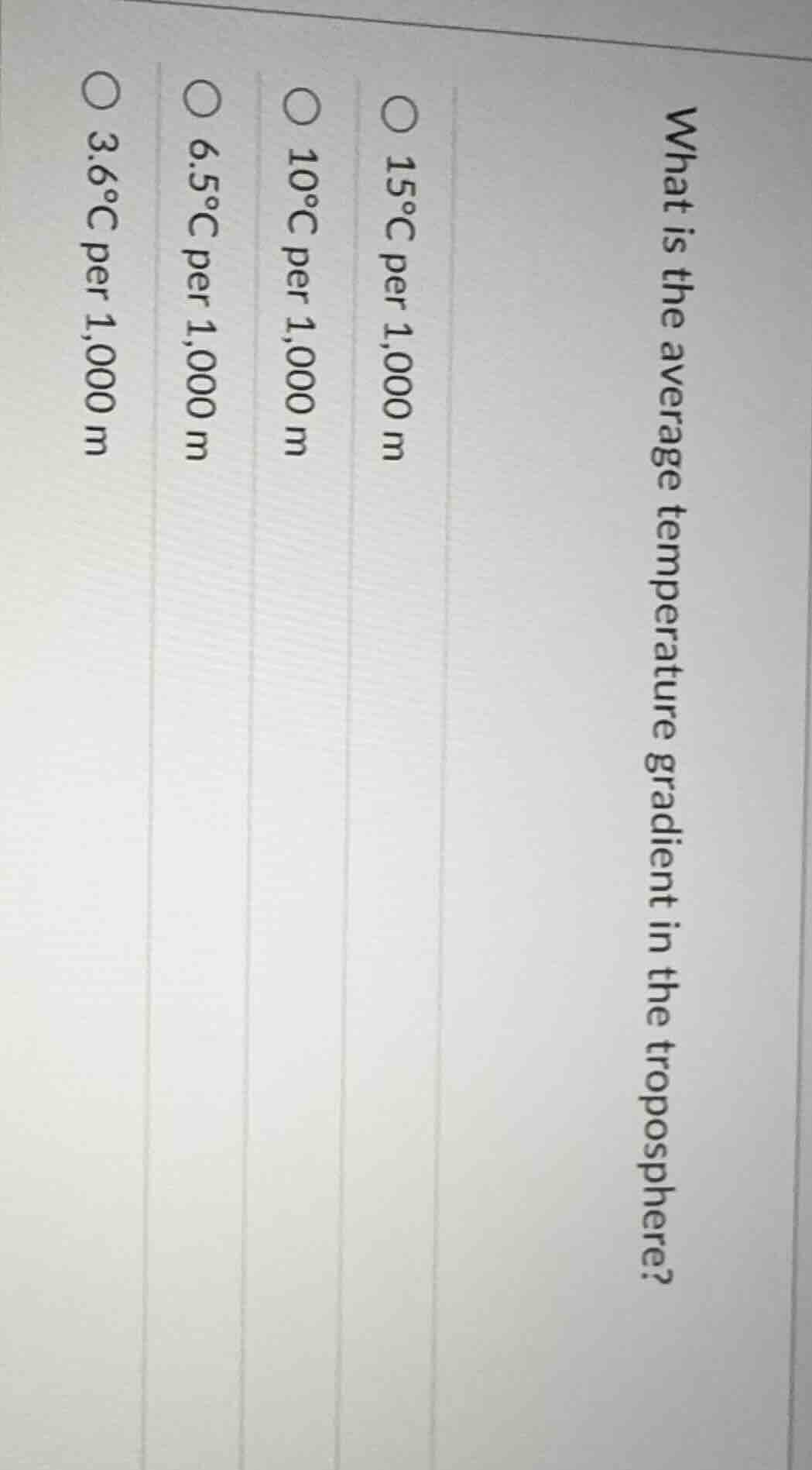 what is the average temperature gradient in the troposphere?○ 15℃ per 1…