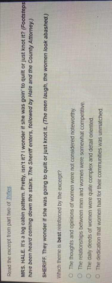 read the excerpt from part two of *trifles* mrs. hale. its a log cabin …