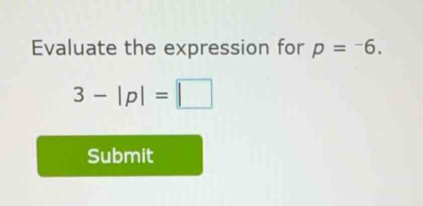 evaluate the expression for $p = -6$. $3 - |p| = \\square$ submit