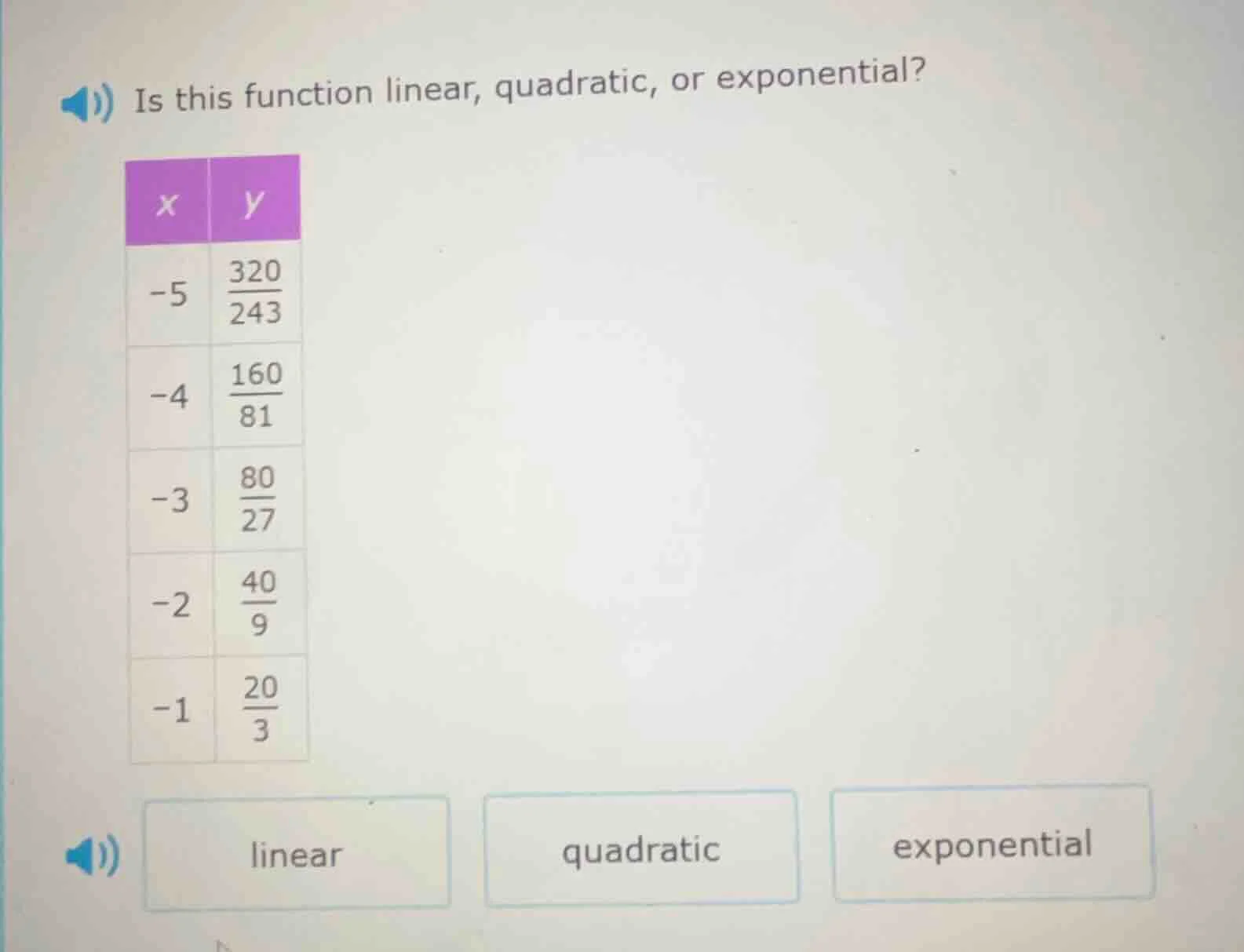 is this function linear, quadratic, or exponential? | x | y | | -5 | $\…