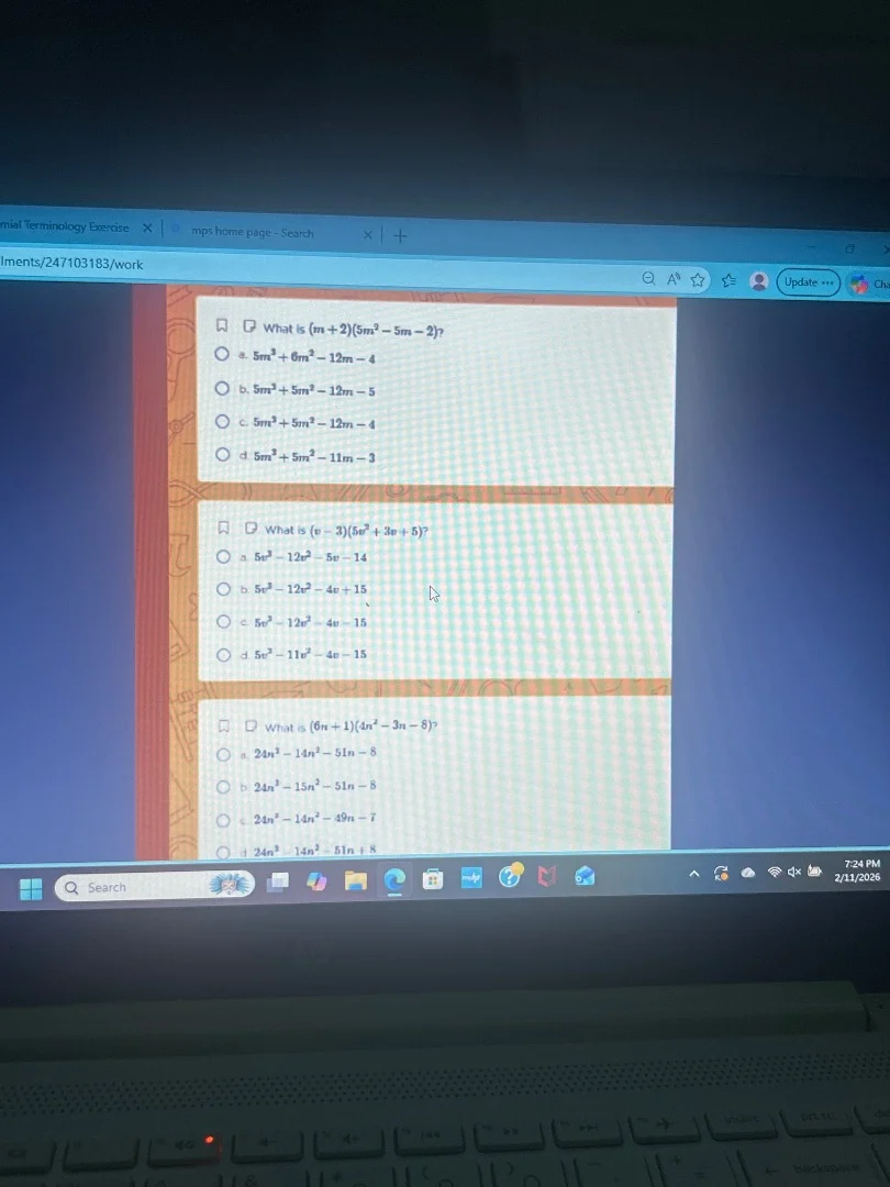 1. what is $(m + 2)(5m^{2}-5m - 2)$? ○ a. $5m^{3}+6m^{2}-12m - 4$ ○ b. …