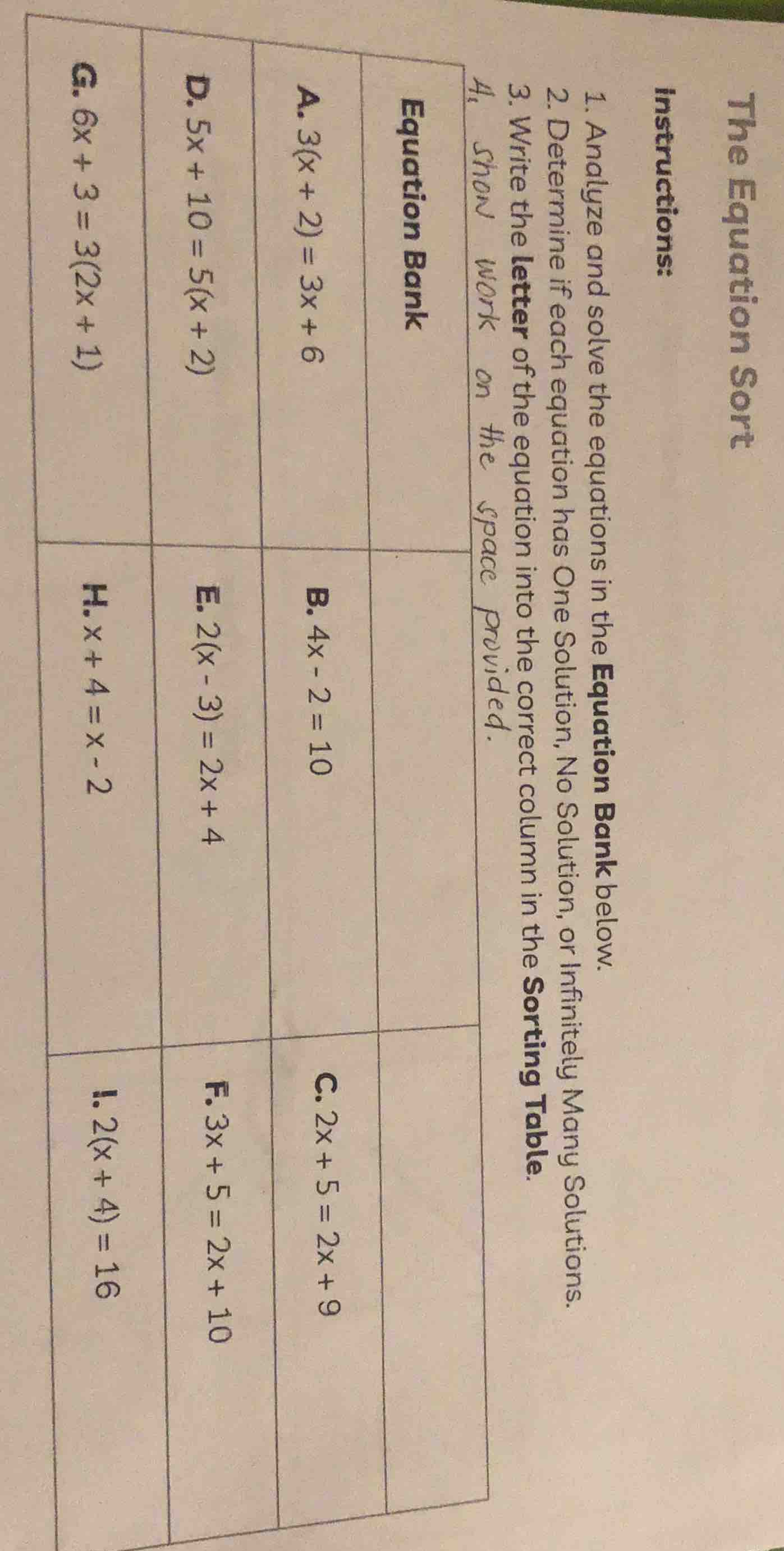 the equation sort instructions: 1. analyze and solve the equations in t…