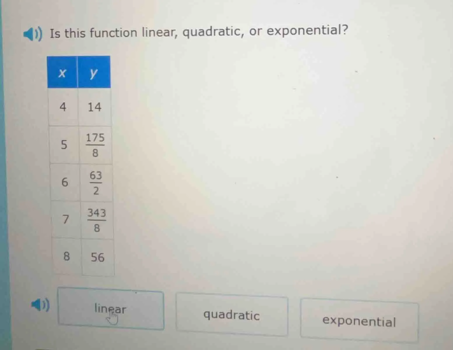 is this function linear, quadratic, or exponential? x | y 4 | 14 5 | $\…