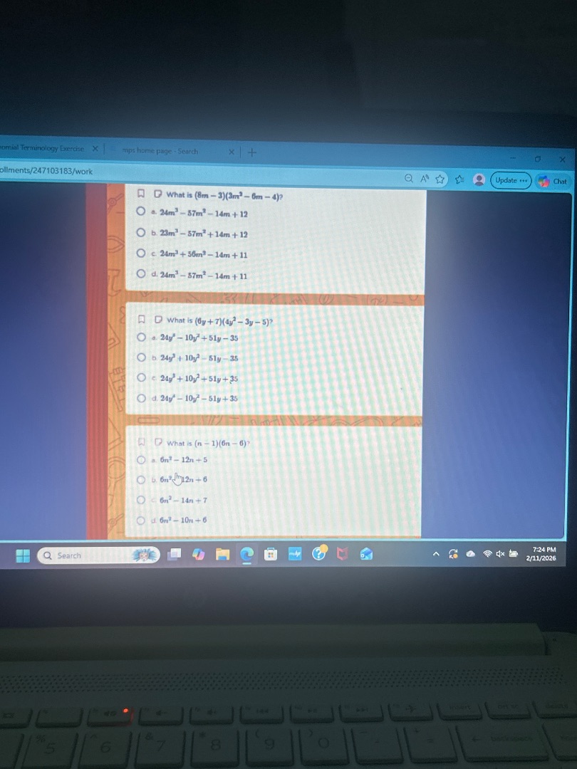 what is $(8m - 3)(3m^{2}-6m - 4)?$ a. $24m^{3}-57m^{2}-14m + 12$ b. $23…