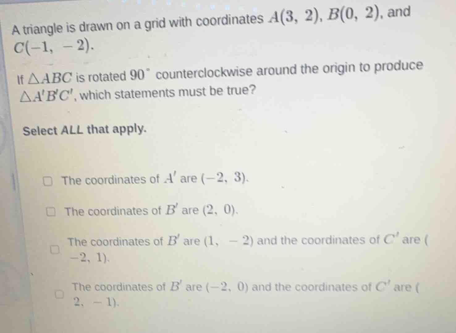a triangle is drawn on a grid with coordinates $a(3, 2)$, $b(0, 2)$, an…