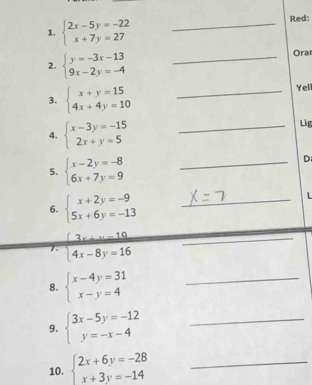 1. $\begin{cases}2x - 5y = -22\\x + 7y = 27end{cases}$2. $\begin{cases}…