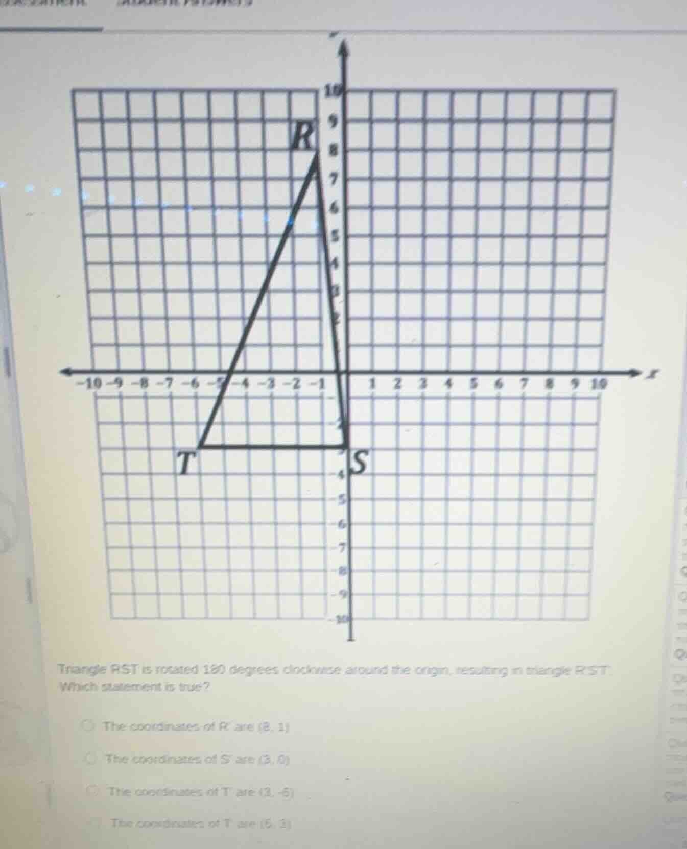 triangle rst is rotated 180 degrees clockwise around the origin, result…