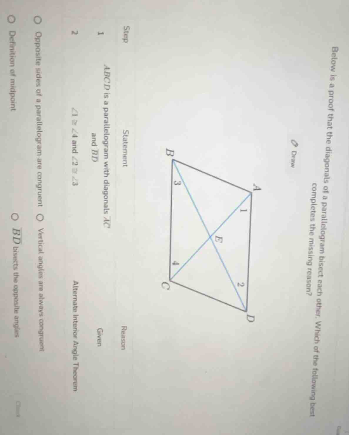 below is a proof that the diagonals of a parallelogram bisect each othe…