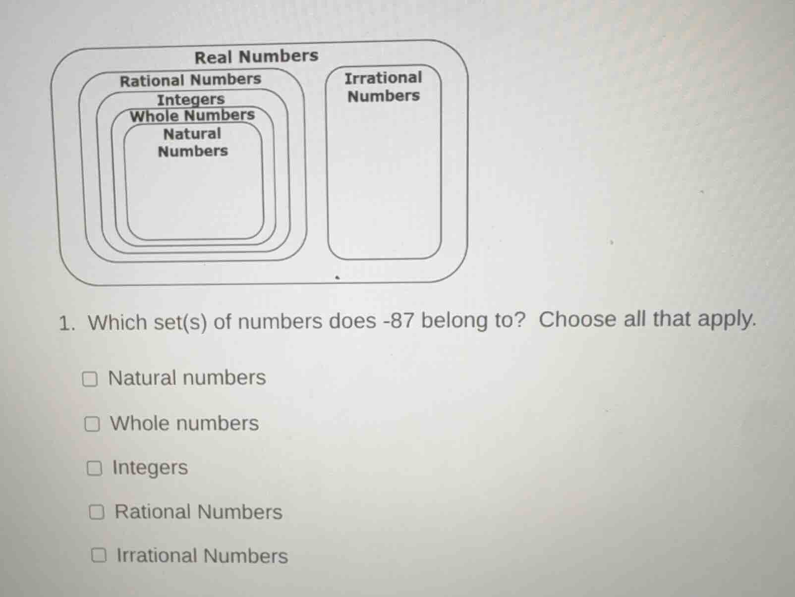 1. which set(s) of numbers does -87 belong to? choose all that apply. □…