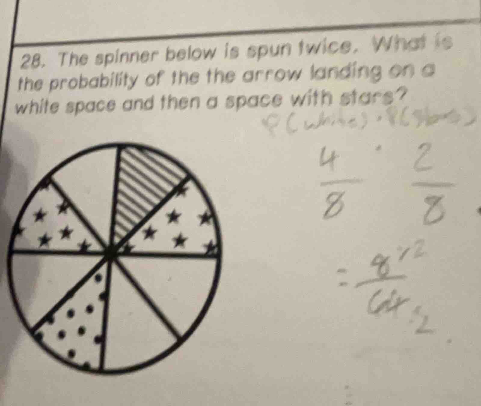 28. the spinner below is spun twice. what is the probability of the the…