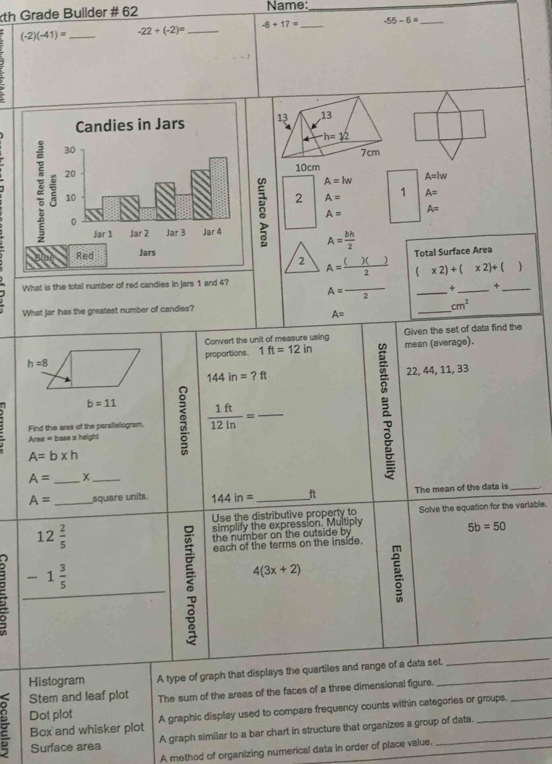 th grade builder # 62 name: $(-2)(-41) = $ $-22 \\div (-2)=$ $-8 + 17 =…