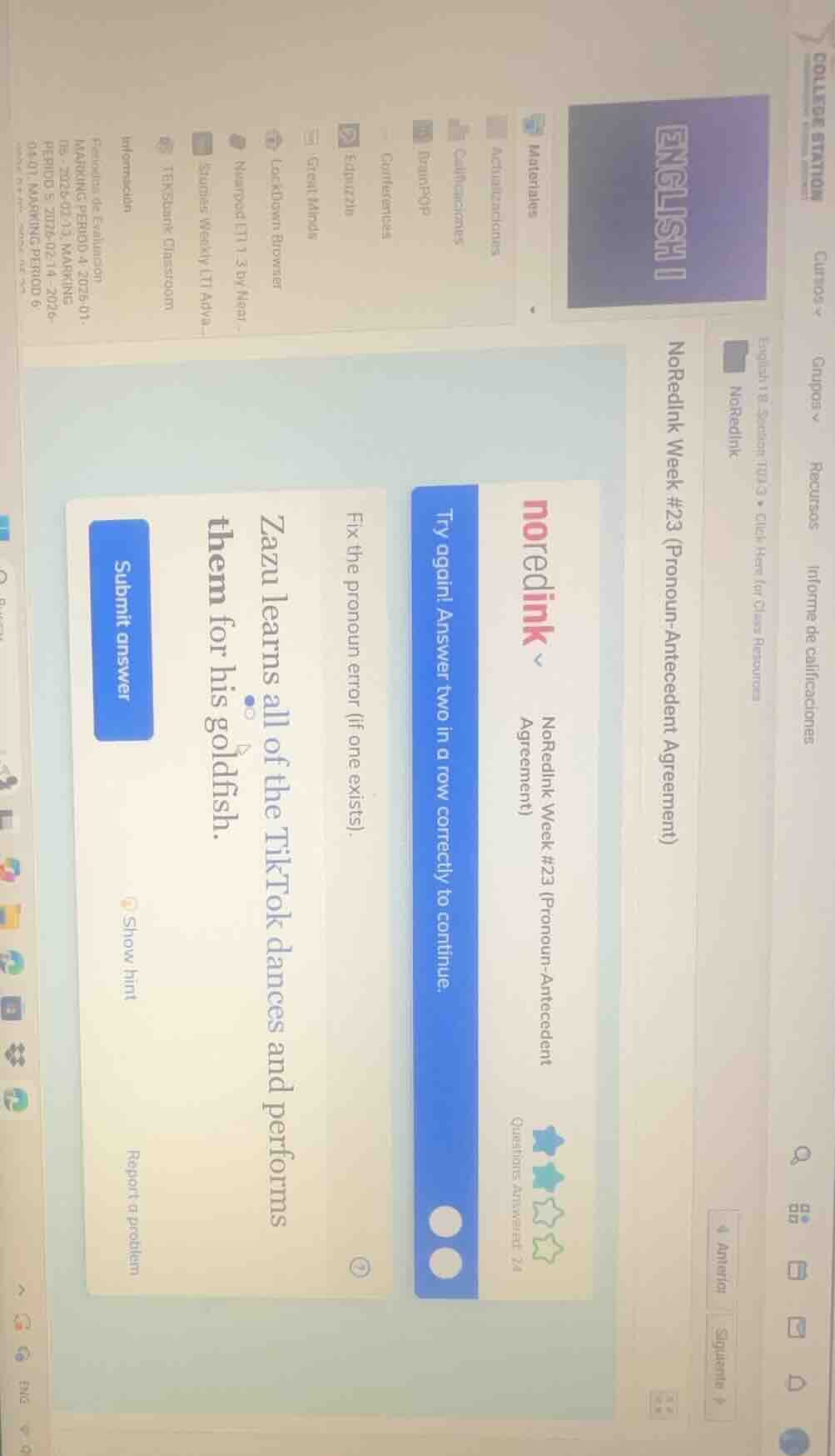 english i noredink week #23 (pronoun-antecedent agreement) noredink ~ n…