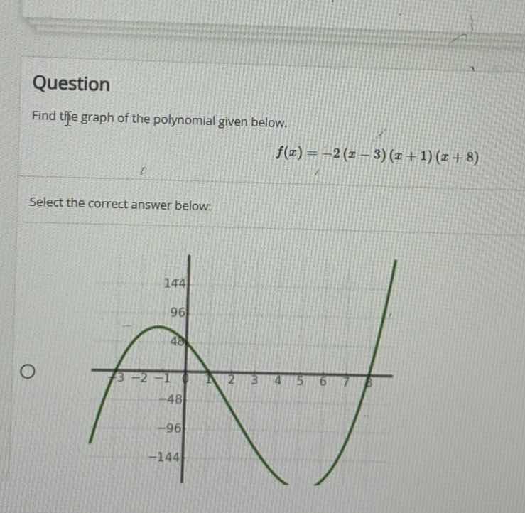 question find the graph of the polynomial given below. $f(x)=-2(x-3)(x+…