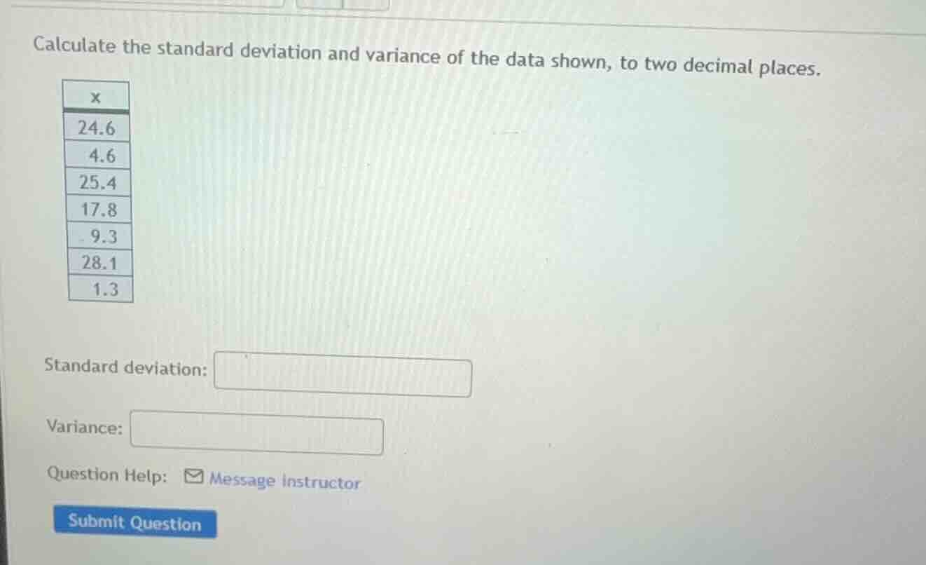 calculate the standard deviation and variance of the data shown, to two…
