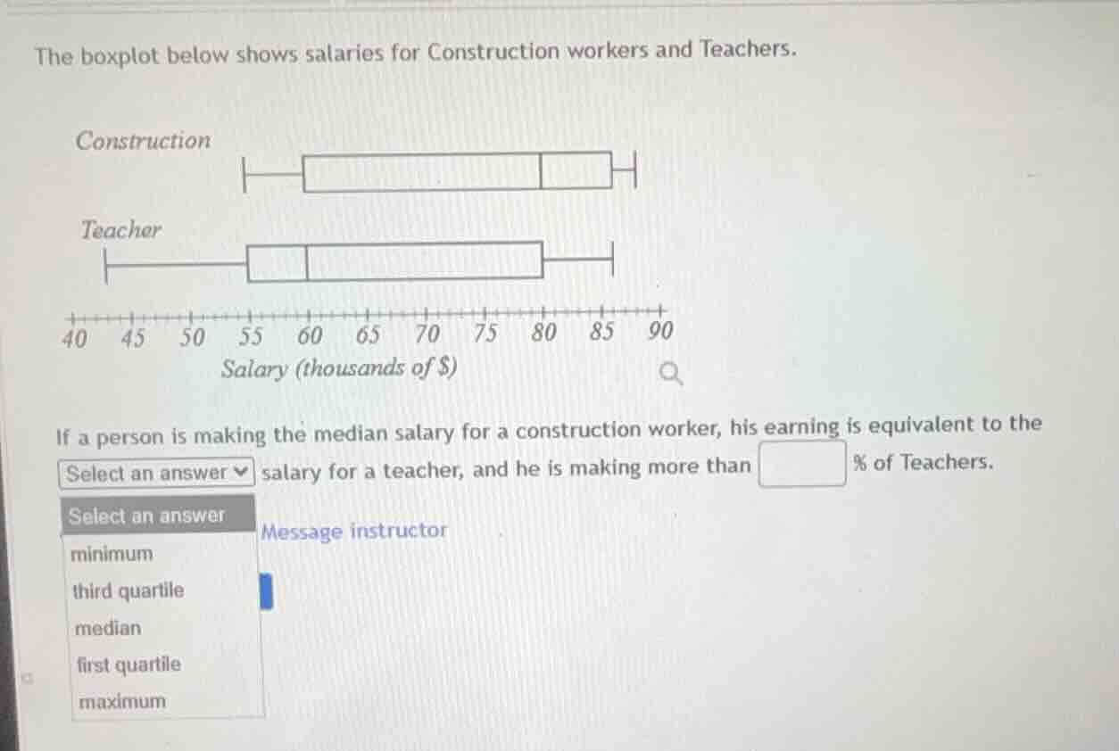 the boxplot below shows salaries for construction workers and teachers.…
