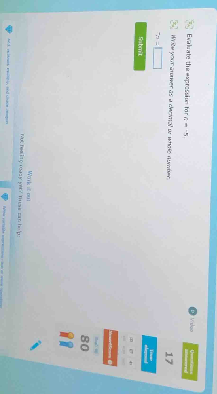 evaluate the expression for $n = -5$. write your answer as a decimal or…