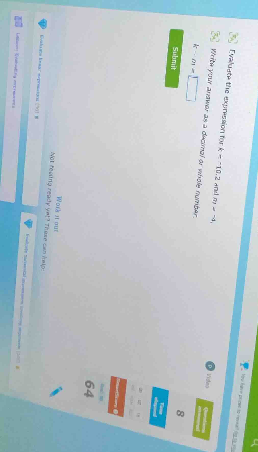 evaluate the expression for k = -10.2 and m = -4. write your answer as …