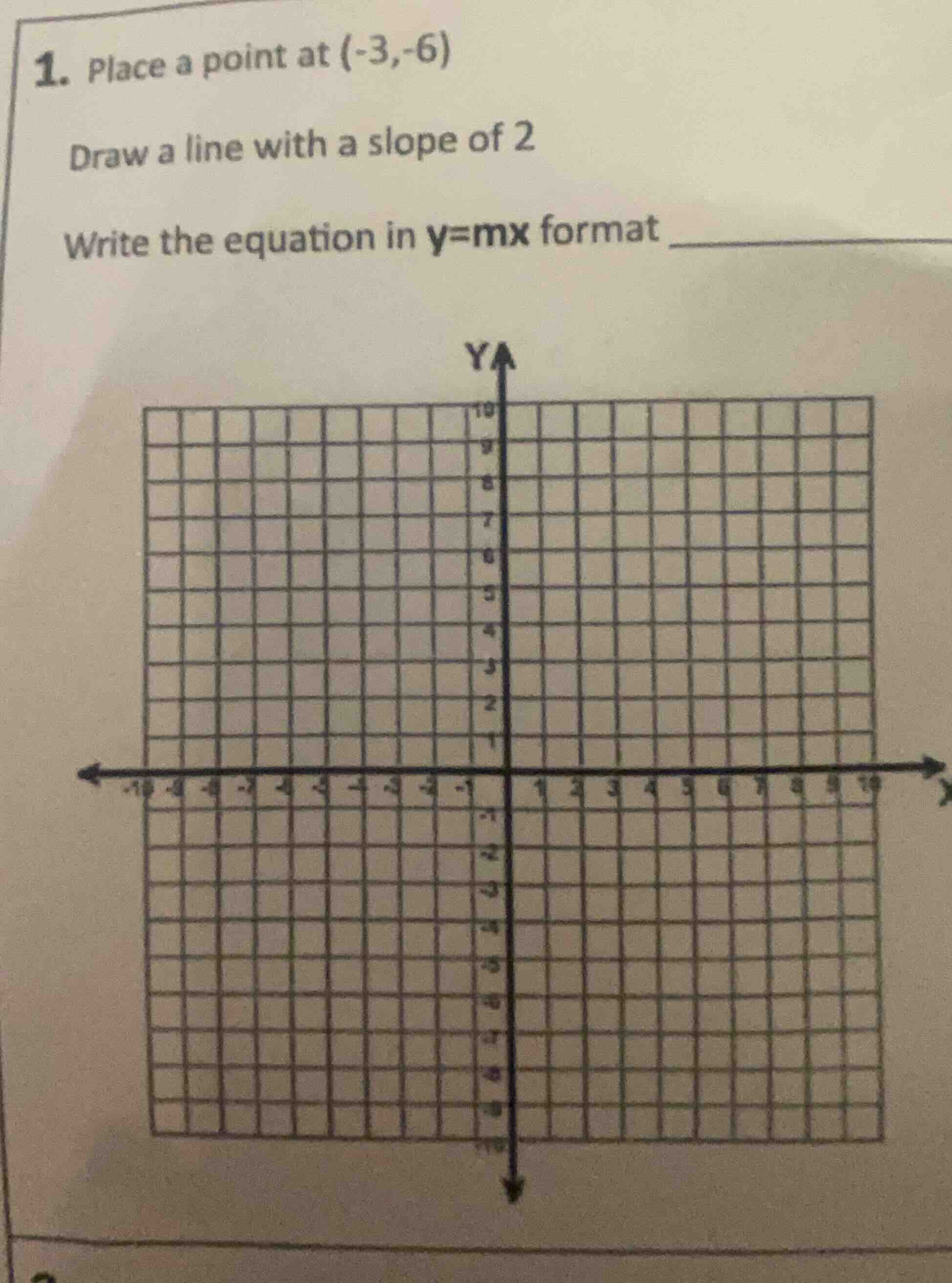 1. place a point at $(-3,-6)$ draw a line with a slope of 2 write the e…