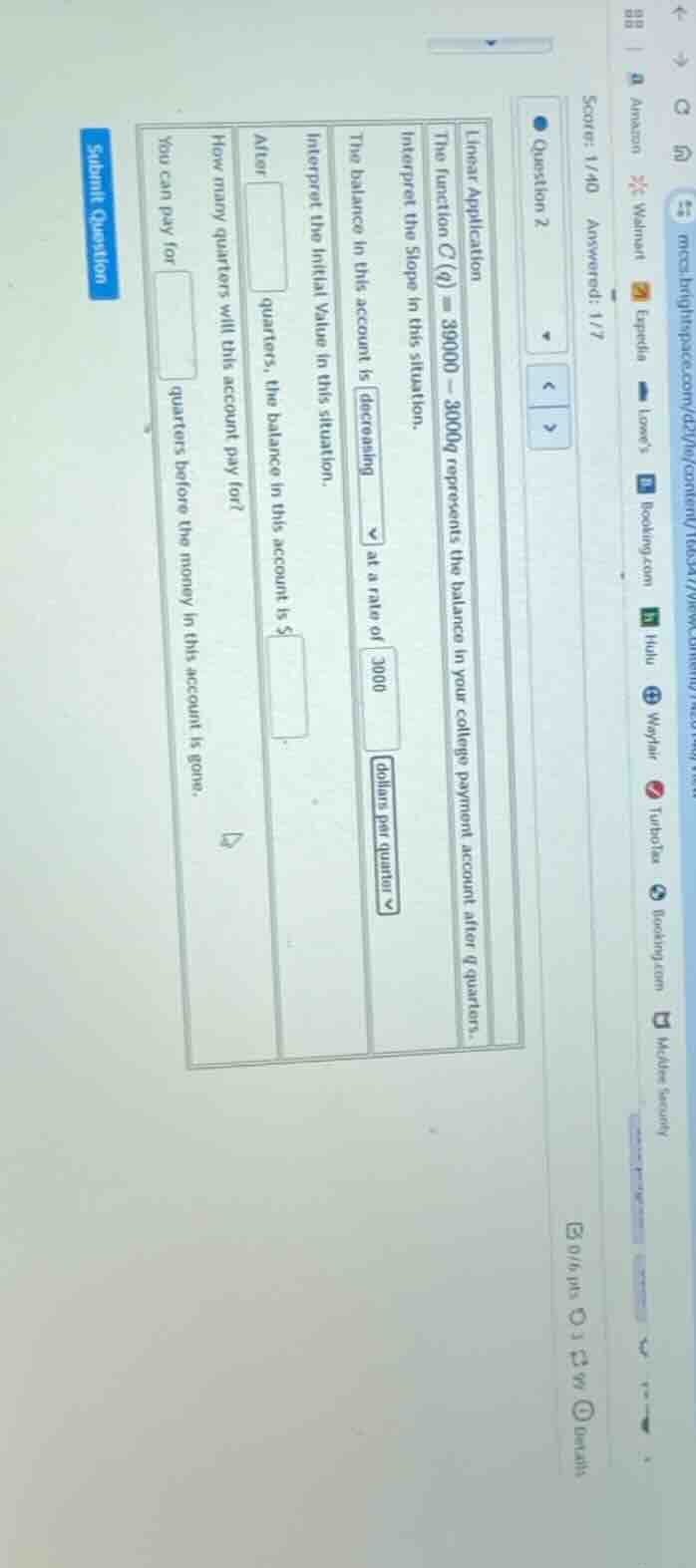 linear application the function $c(q)=39000 - 3000q$ represents the bal…