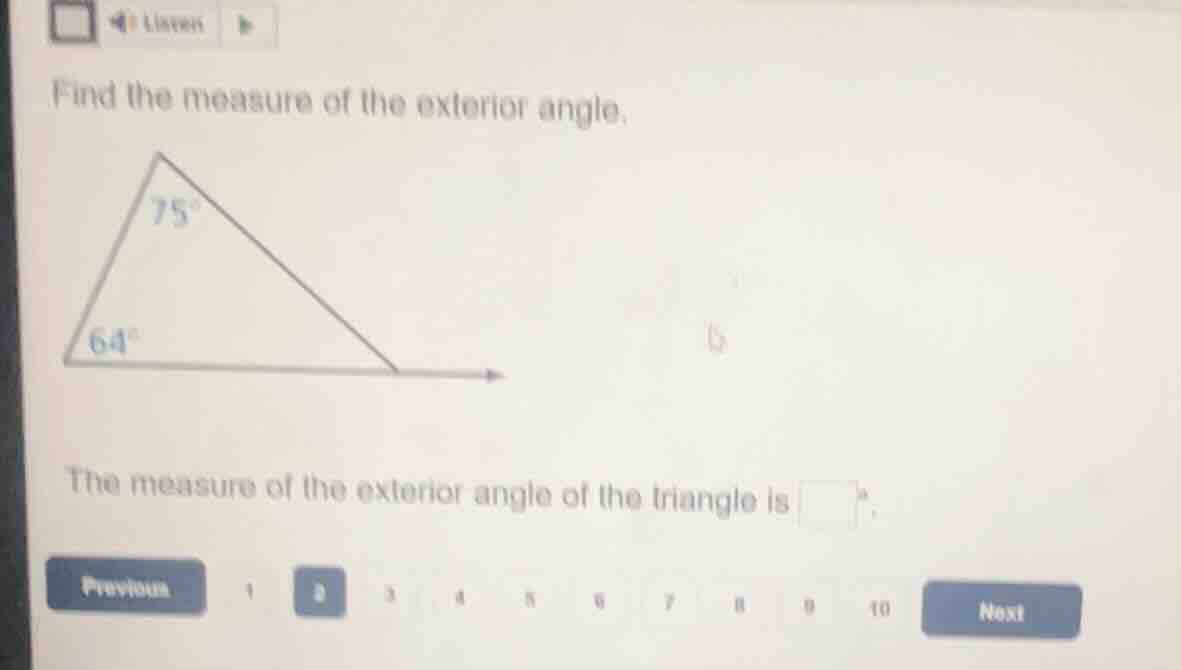 find the measure of the exterior angle. the measure of the exterior ang…