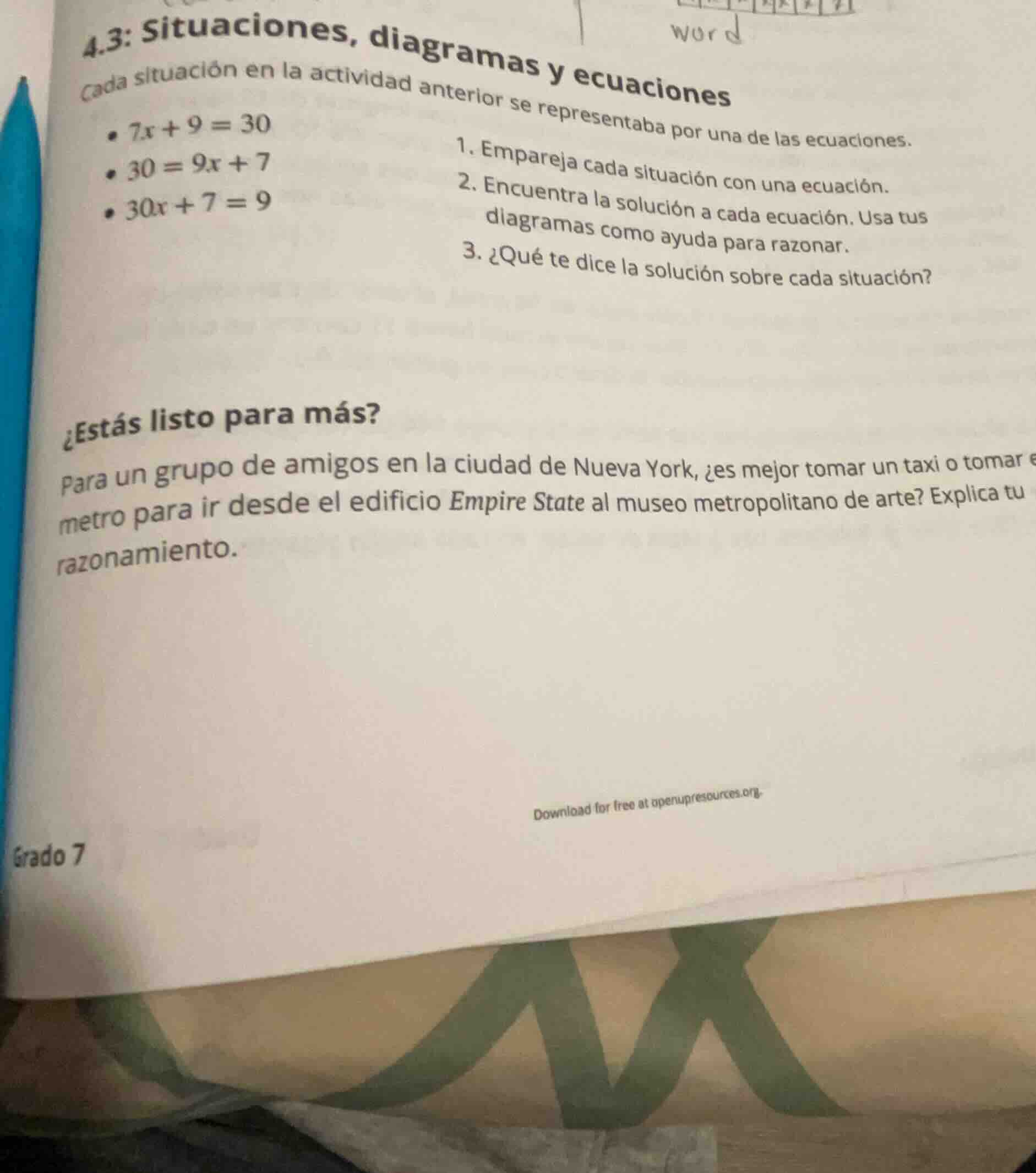 4.3: situaciones, diagramas y ecuaciones cada situación en la actividad…