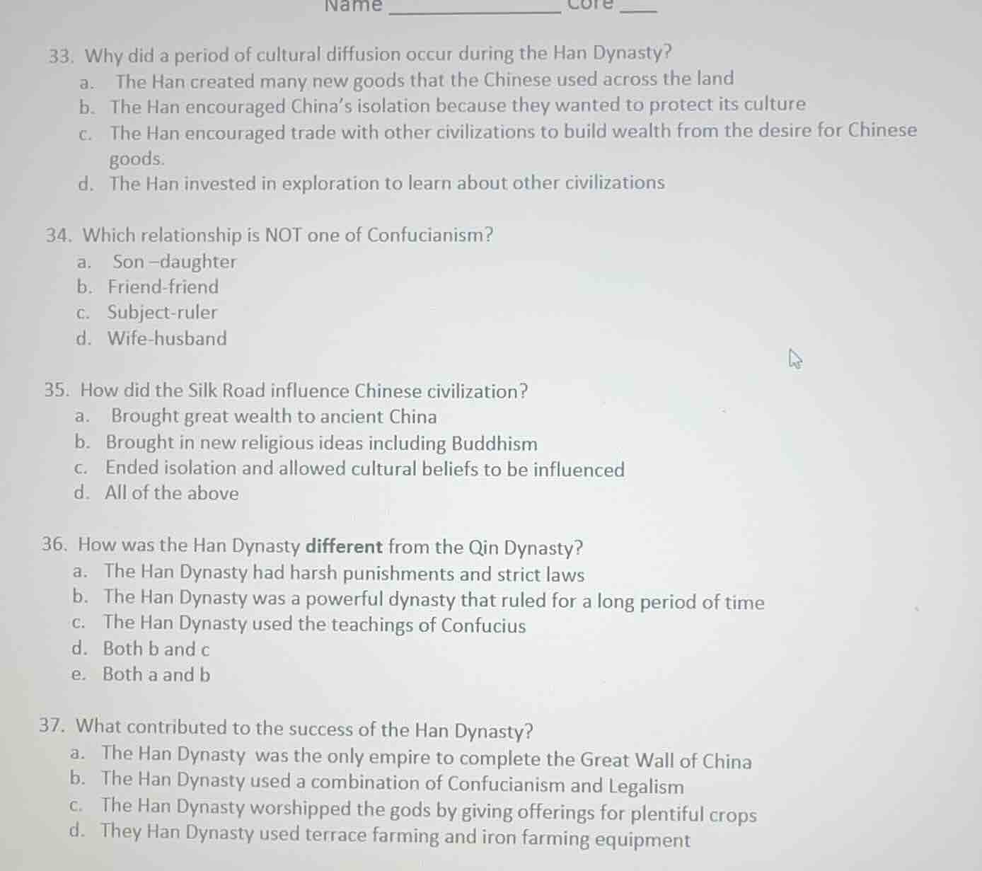 name ______ core ____33. why did a period of cultural diffusion occur d…