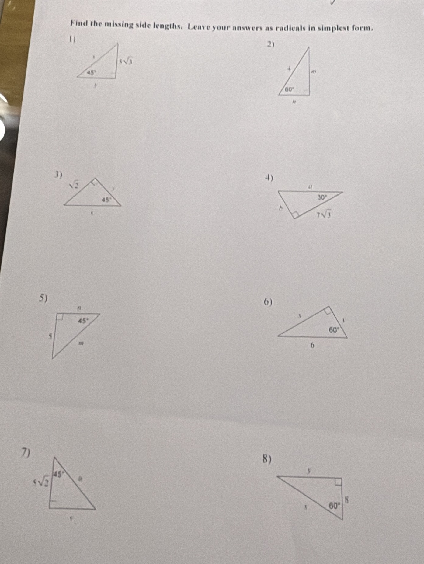 find the missing side lengths. leave your answers as radicals in simple…