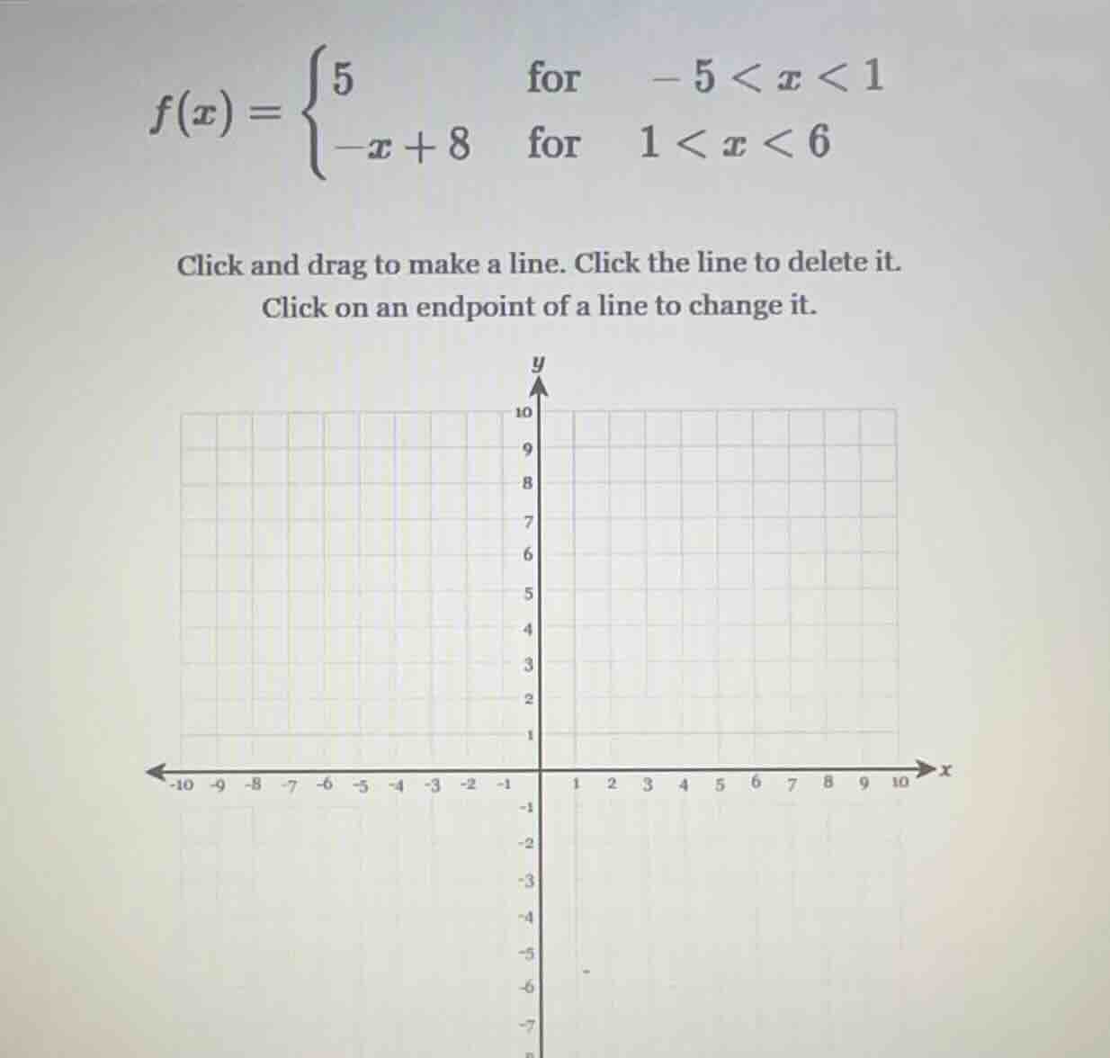 $f(x)=\\begin{cases}5 & \\text{for} \\quad -5 < x < 1 \\\\ -x + 8 & \\t…