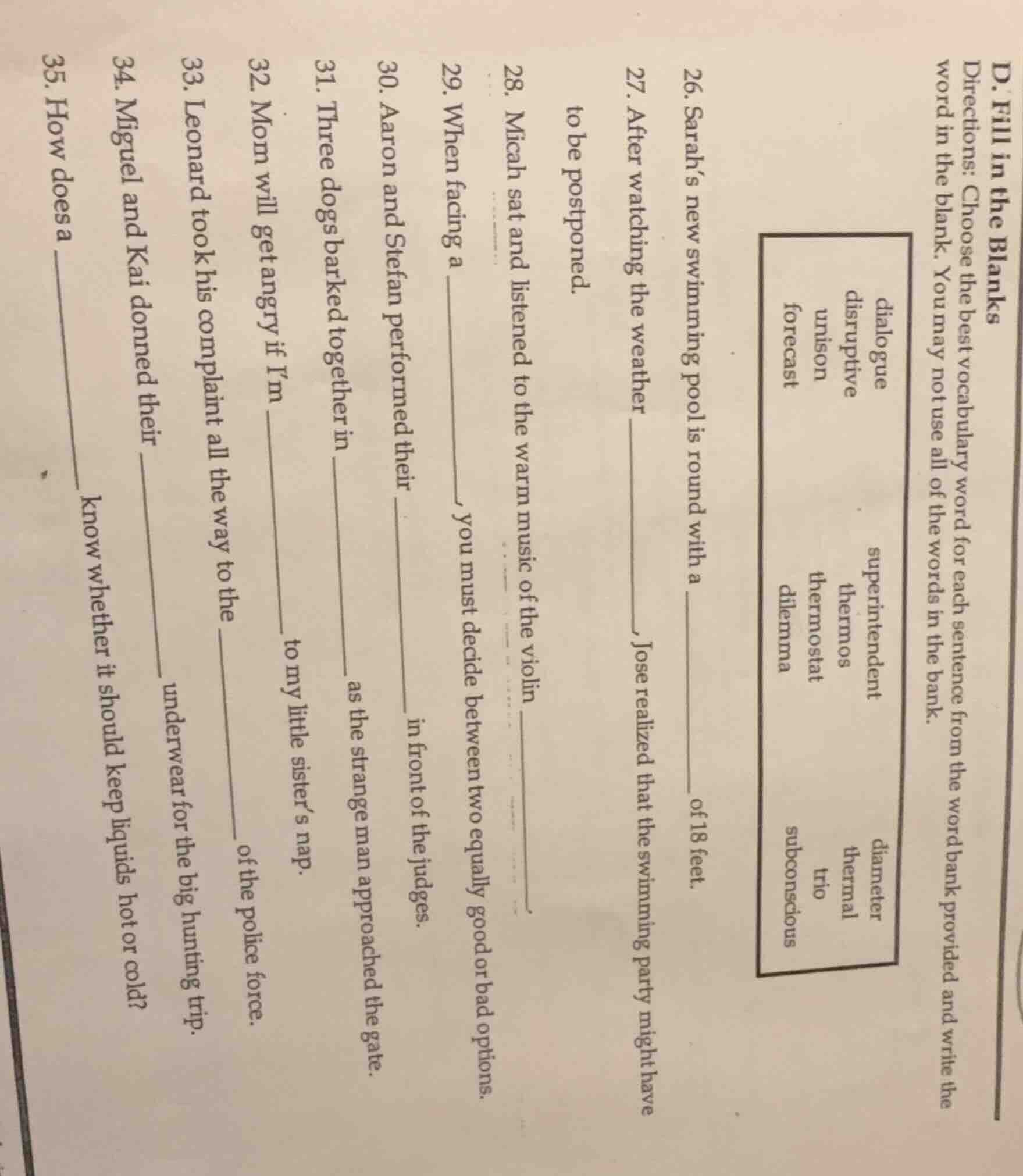 d. fill in the blanks directions: choose the best vocabulary word for e…