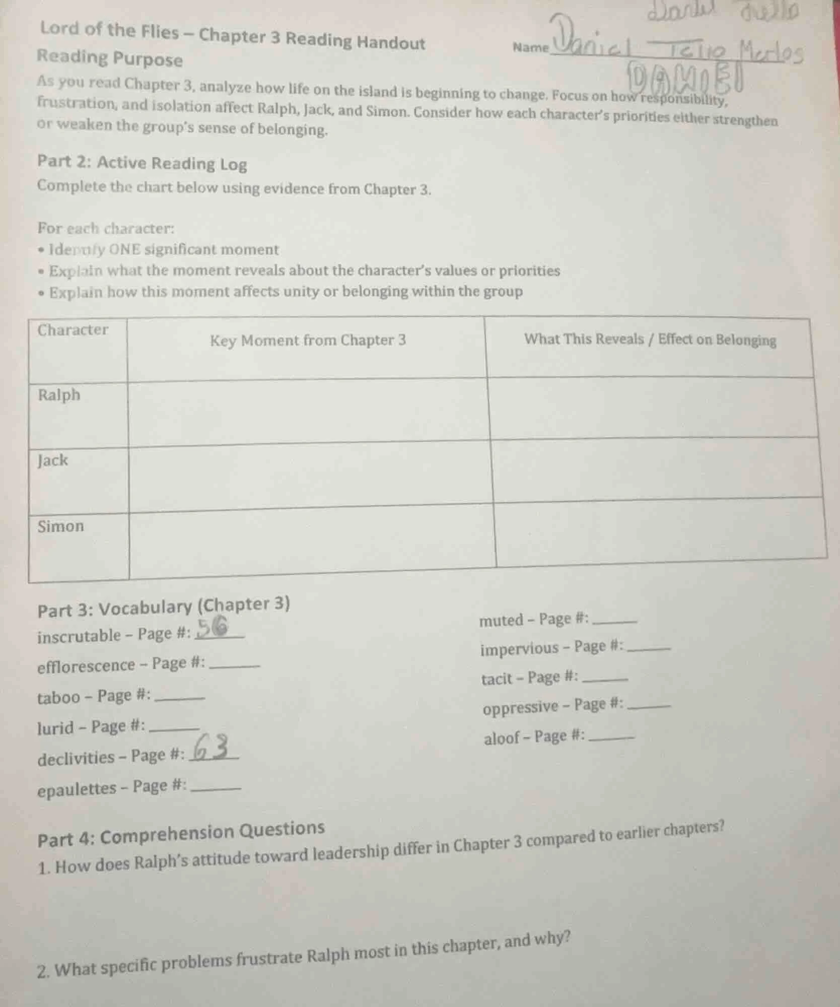 lord of the flies – chapter 3 reading handoutnamereading purposeas you …