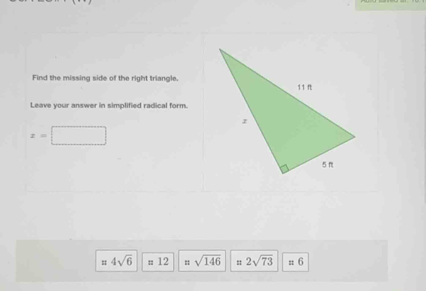 find the missing side of the right triangle. leave your answer in simpl…