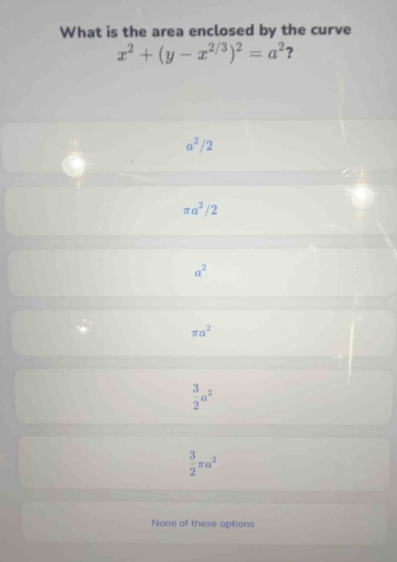what is the area enclosed by the curve $x^{2}+(y-x^{2/3})^{2}=a^{2}$? $…