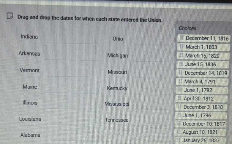 drag and drop the dates for when each state entered the union. indiana …