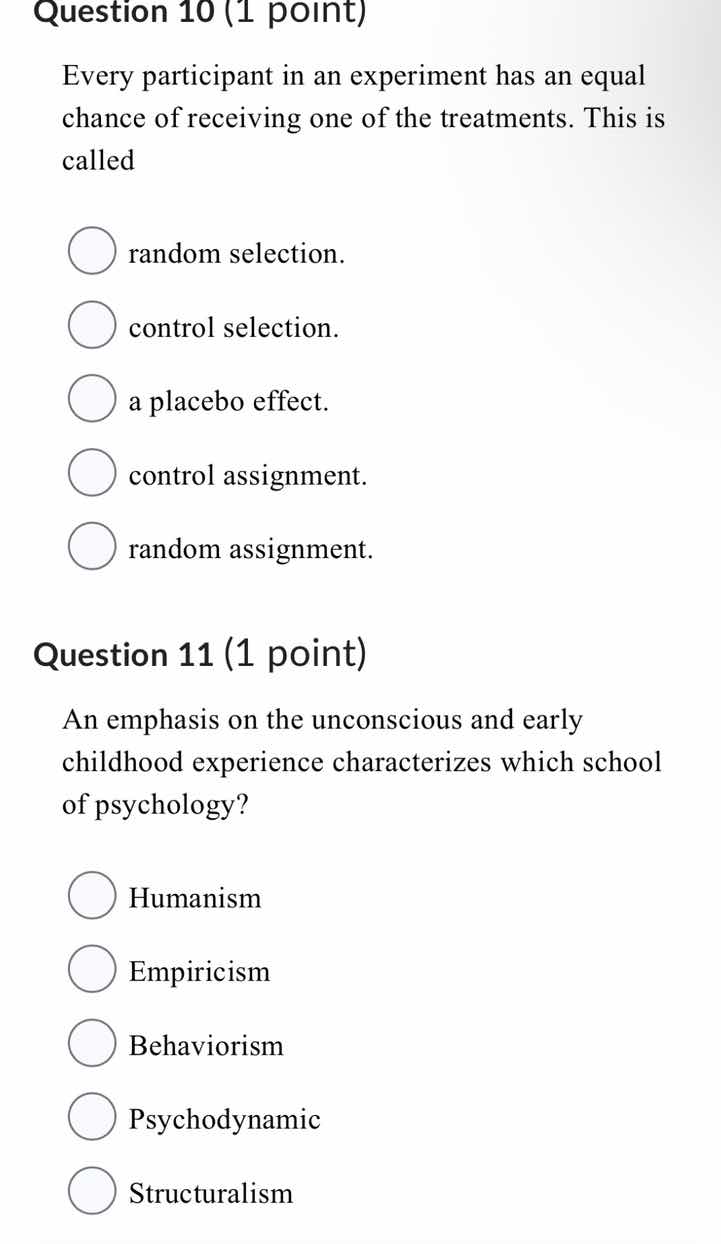 question 10 (1 point) every participant in an experiment has an equal c…