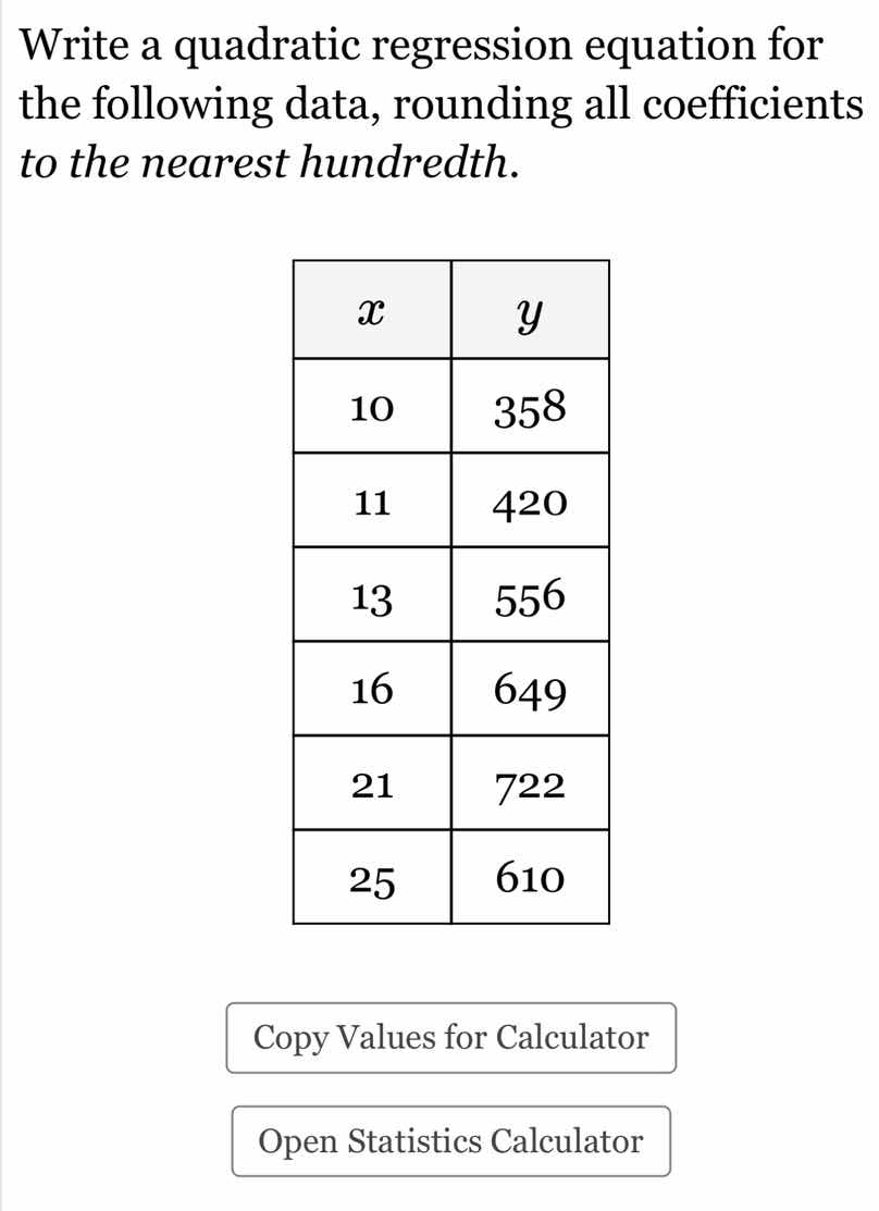 write a quadratic regression equation for the following data, rounding …