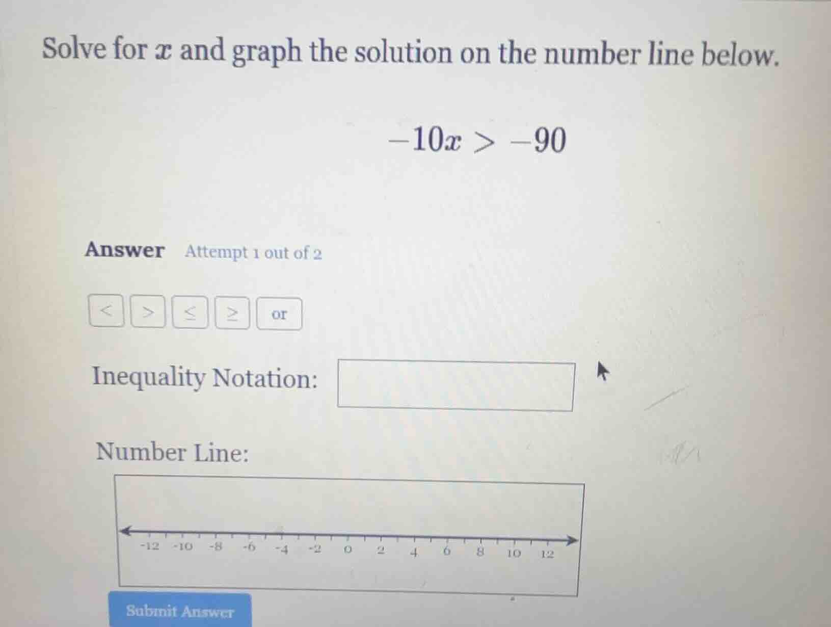 solve for $x$ and graph the solution on the number line below. $-10x > …