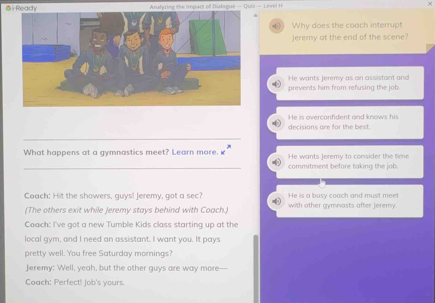 analyzing the impact of dialogue — quiz — level h what happens at a gym…