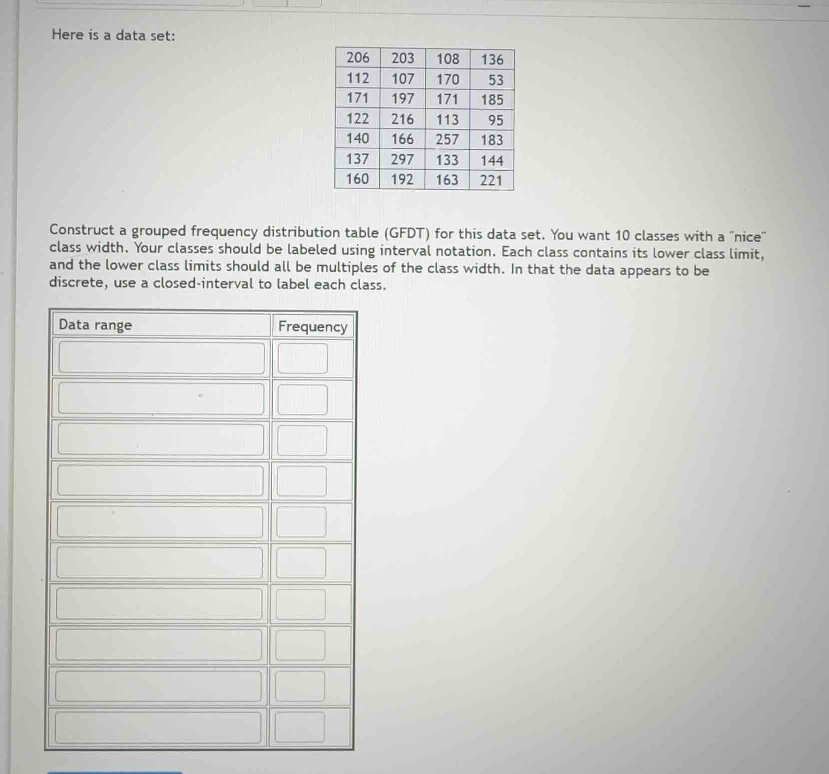 here is a data set: 206 203 108 136 112 107 170 53 171 197 171 185 122 …