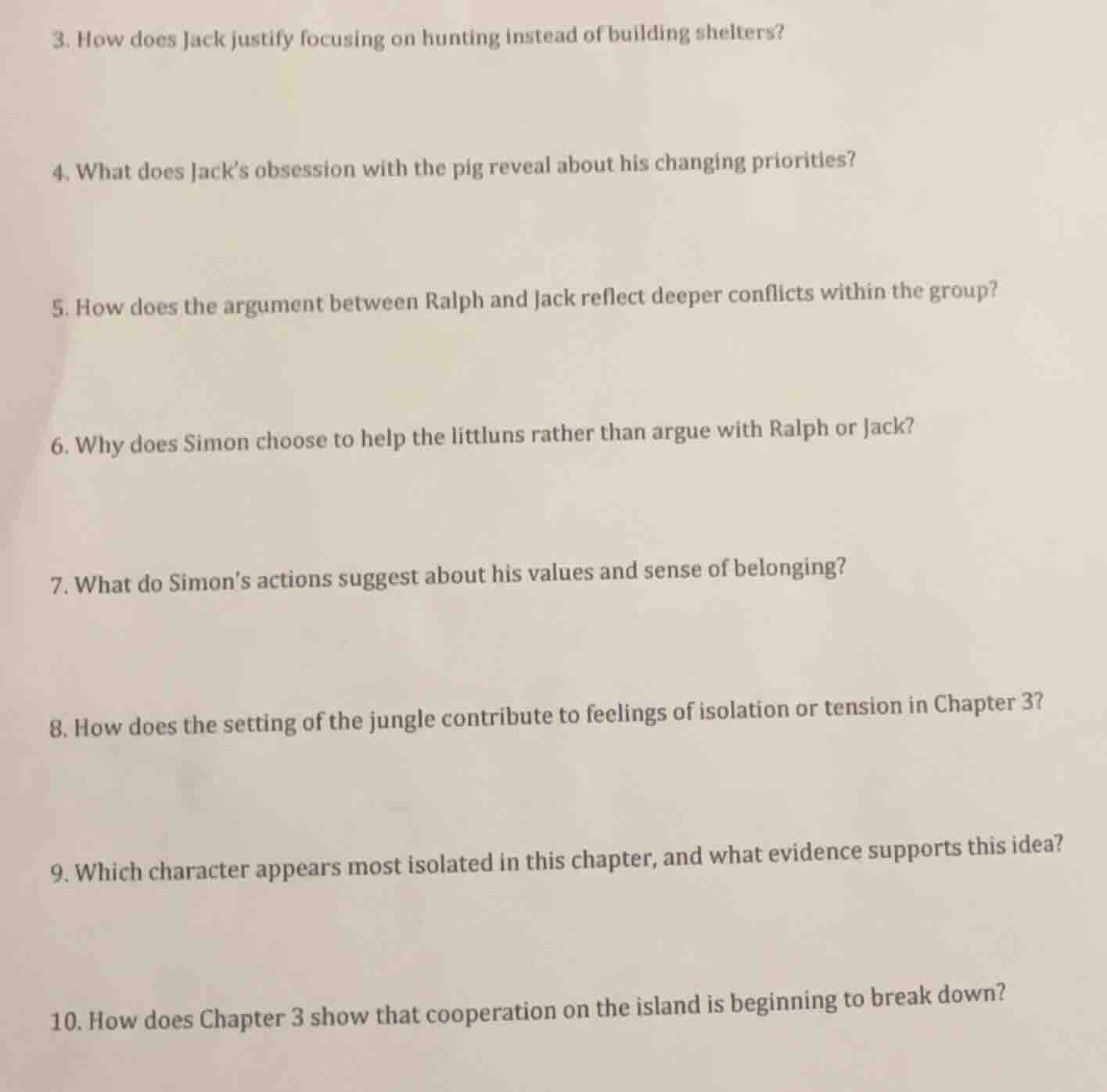 3. how does jack justify focusing on hunting instead of building shelte…