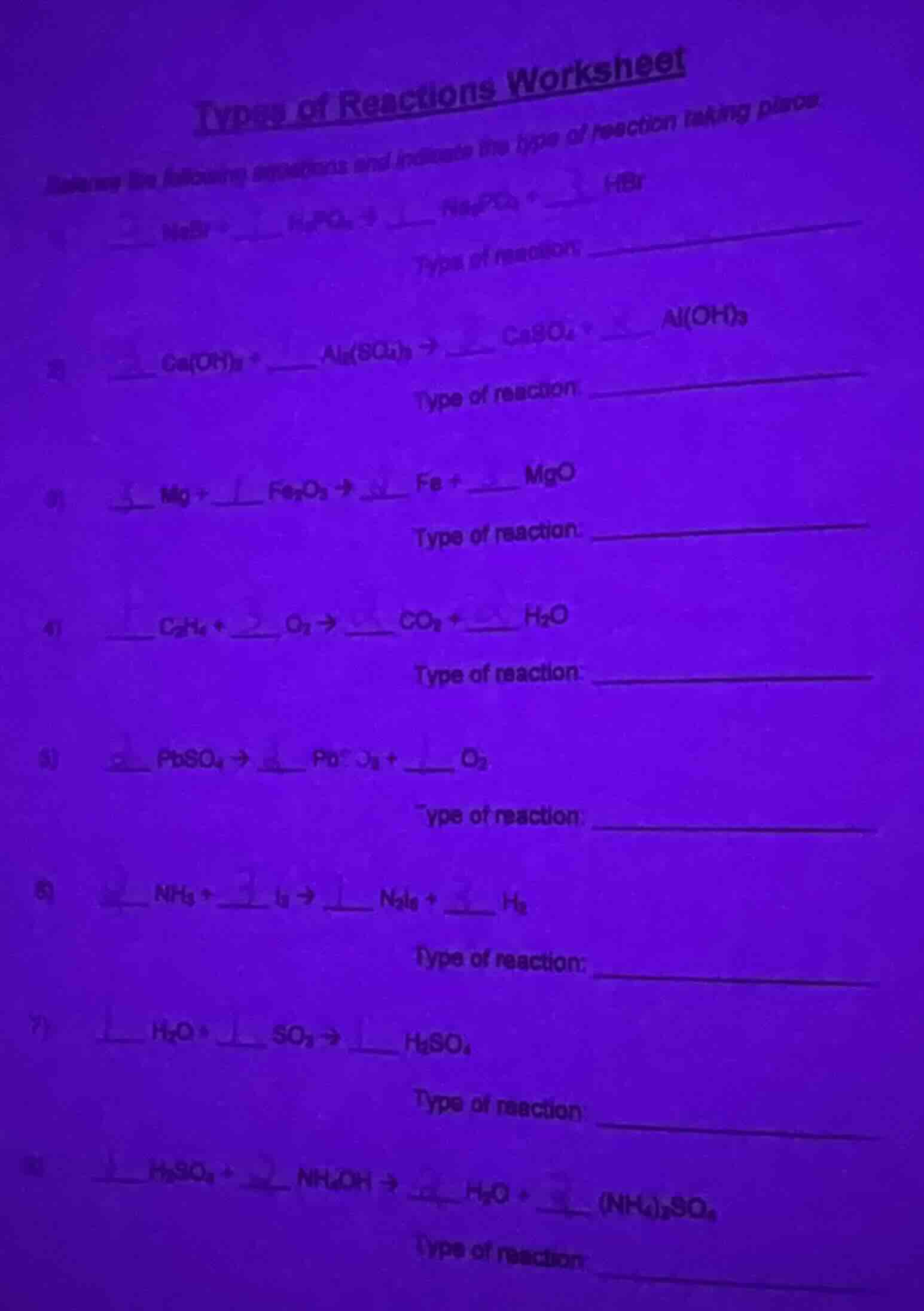 types of reactions worksheet balance the following equations and indica…