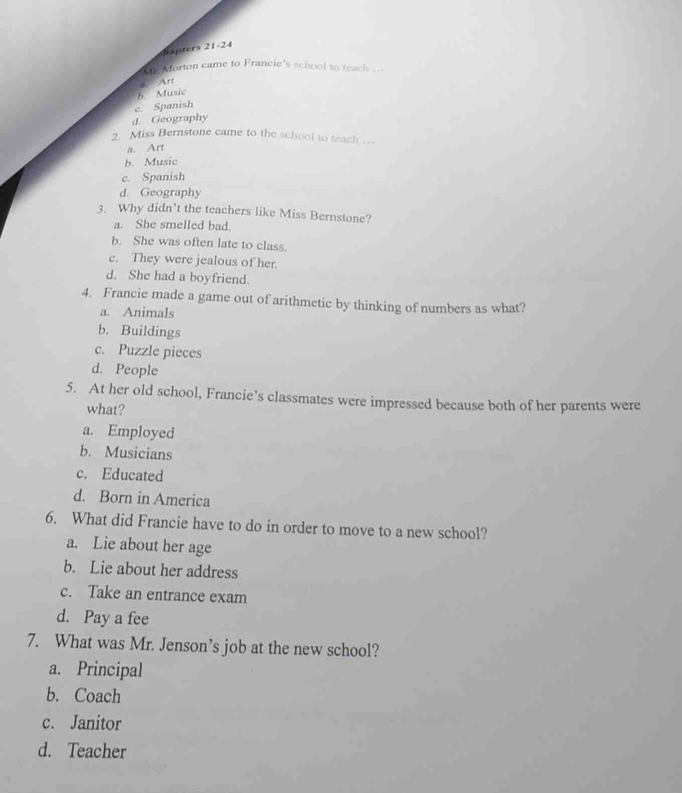 chapters 21-241. mr. morton came to francies school to teach ...a. artb…