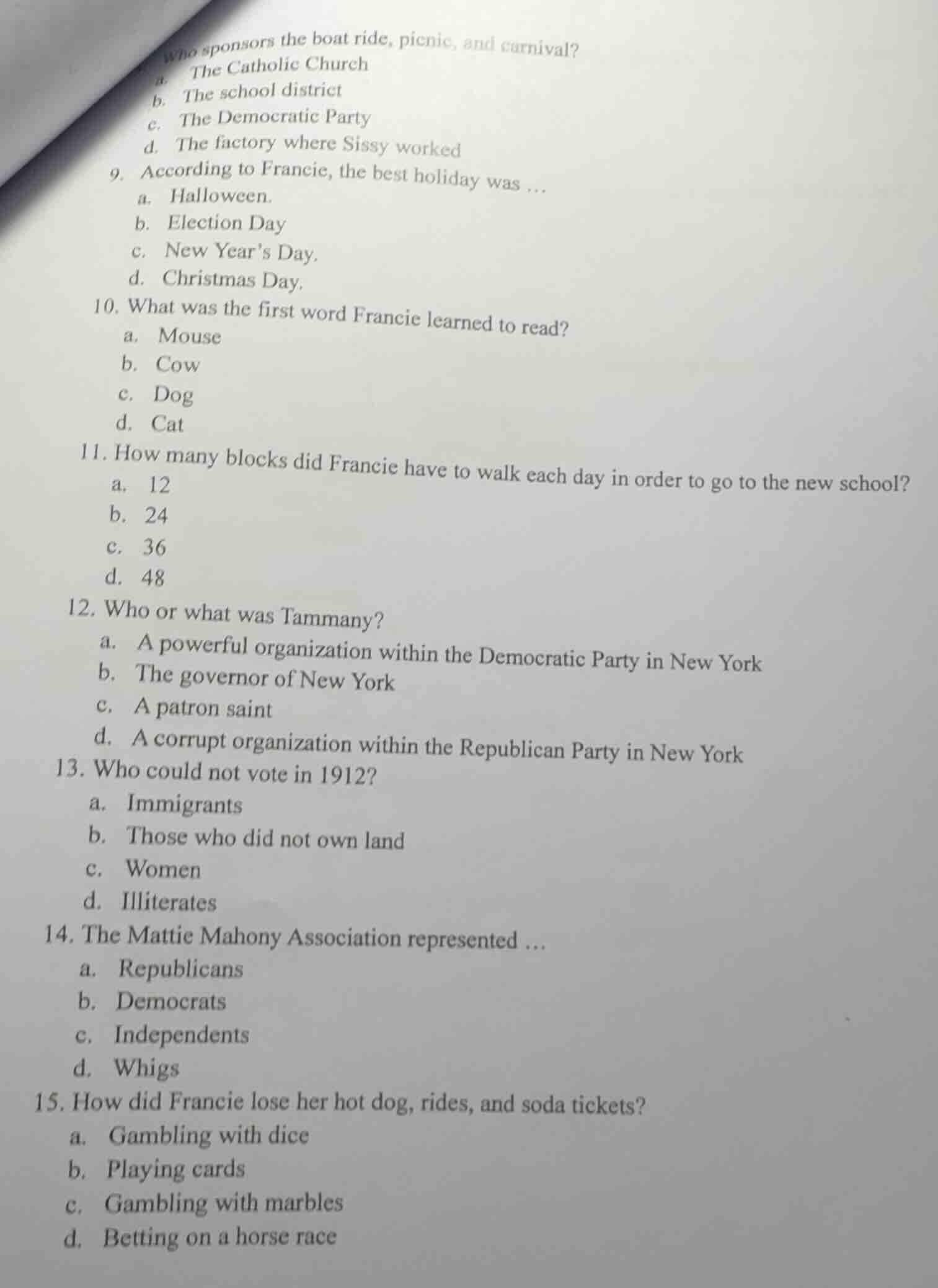 who sponsors the boat ride, picnic, and carnival? a. the catholic churc…