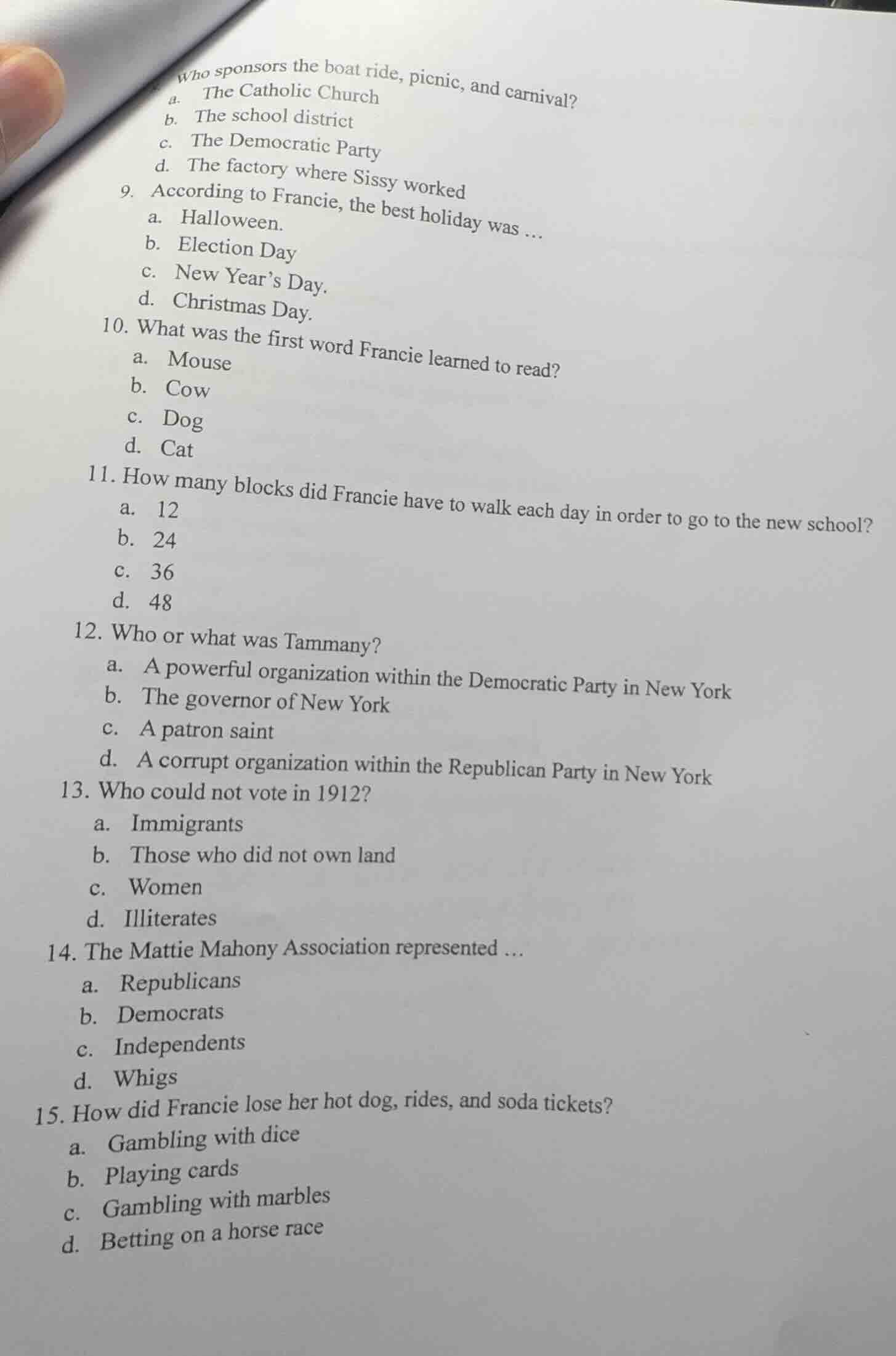 who sponsors the boat ride, picnic, and carnival? a. the catholic churc…