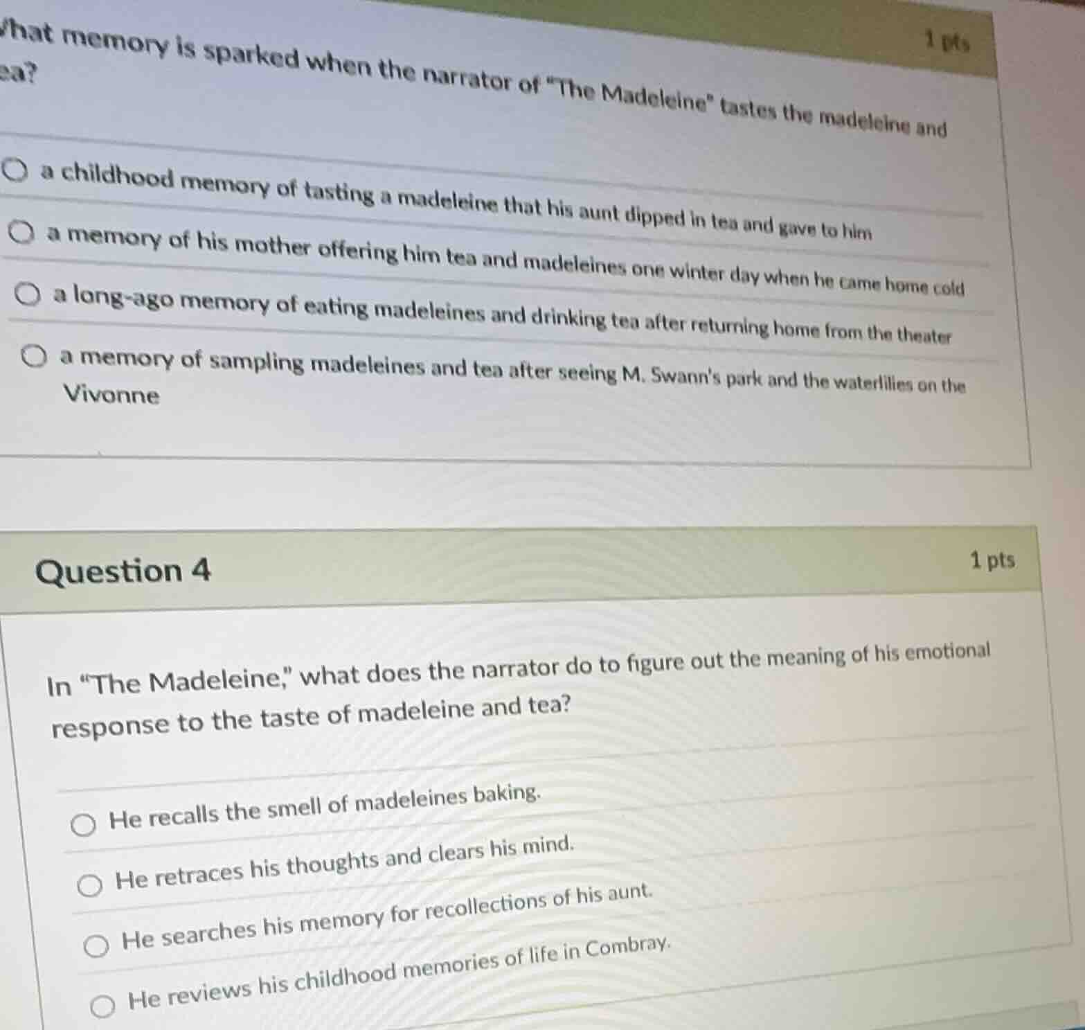 what memory is sparked when the narrator of \the madeleine\ tastes the …