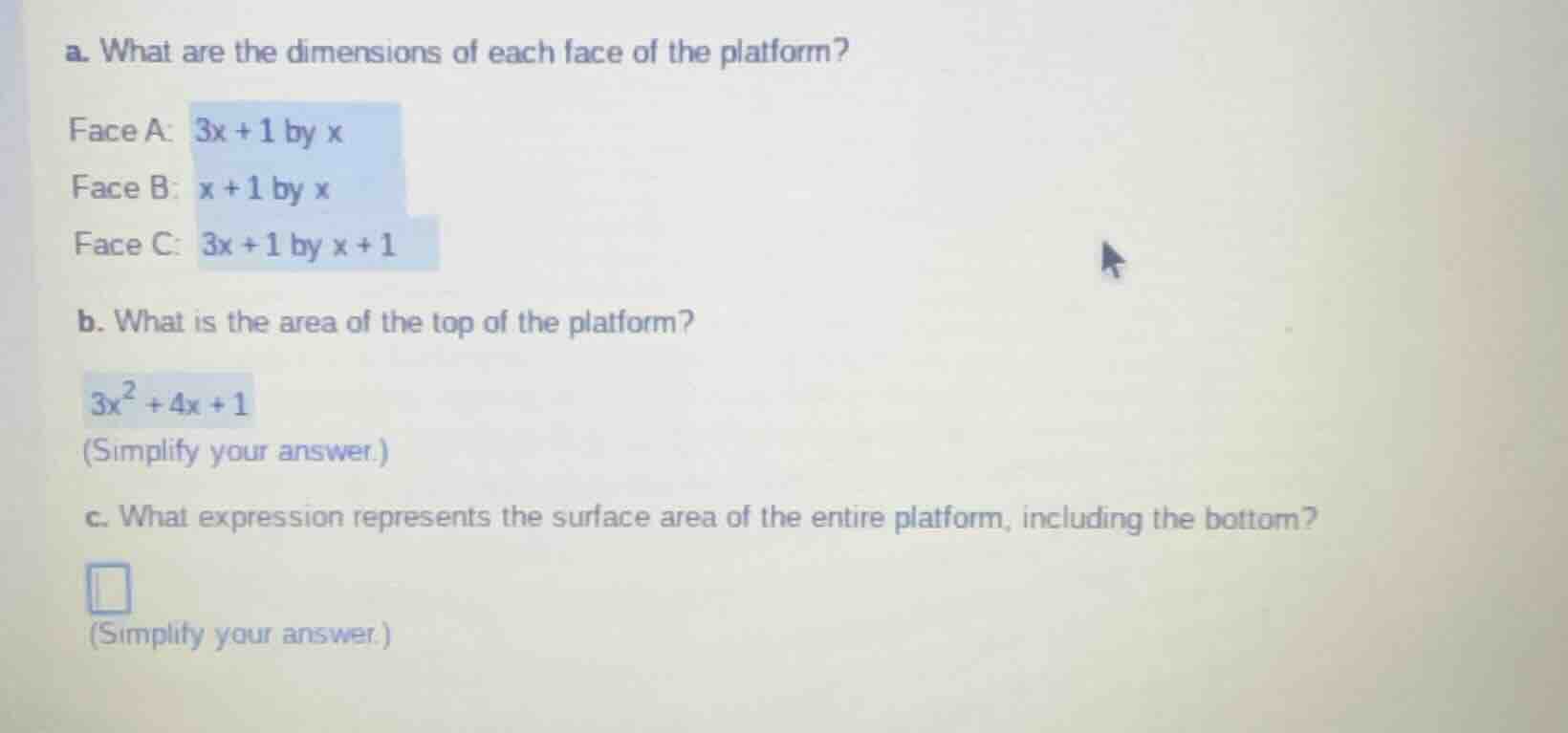 a. what are the dimensions of each face of the platform? face a: $3x + …