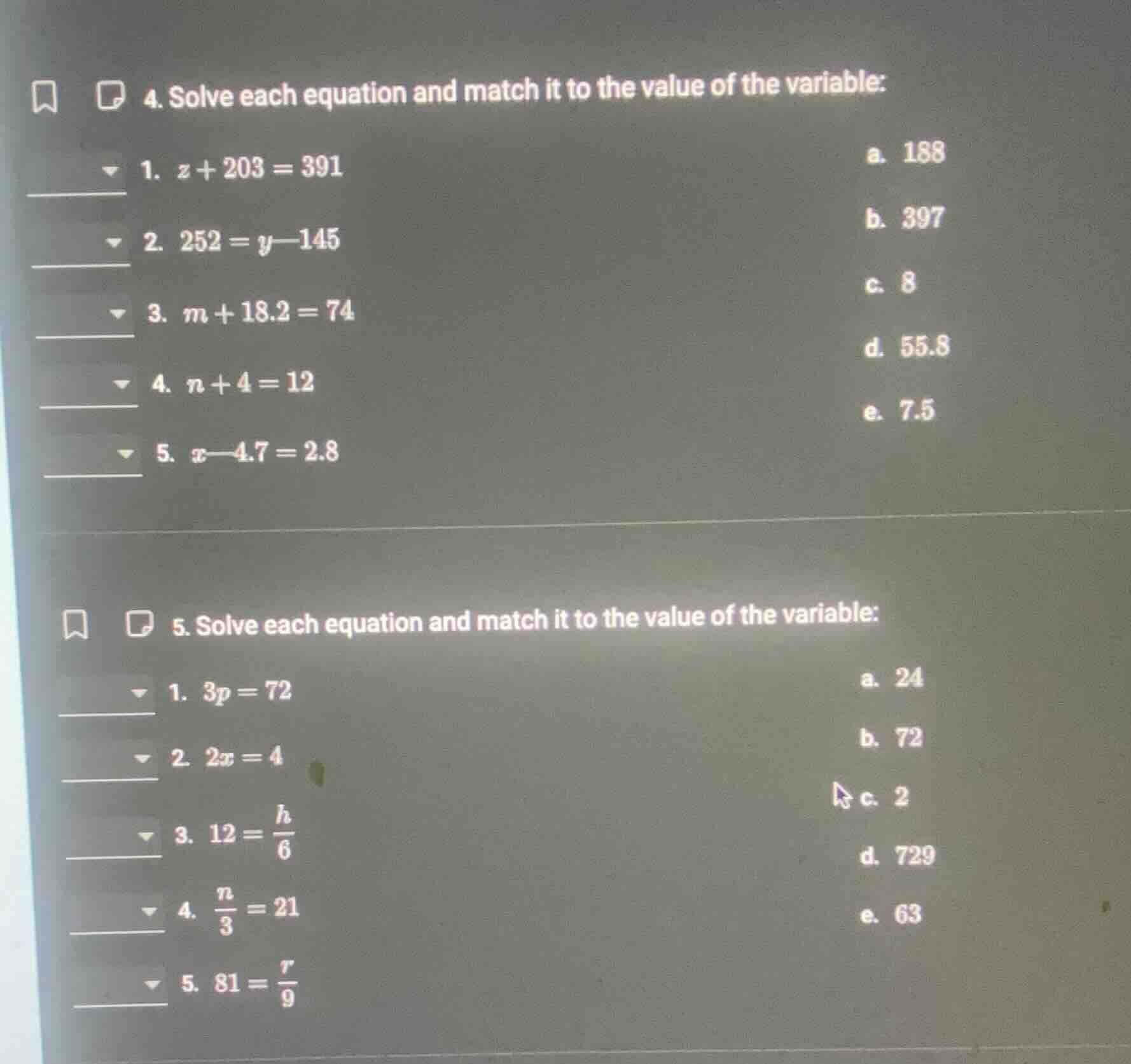 4. solve each equation and match it to the value of the variable: 1. $z…