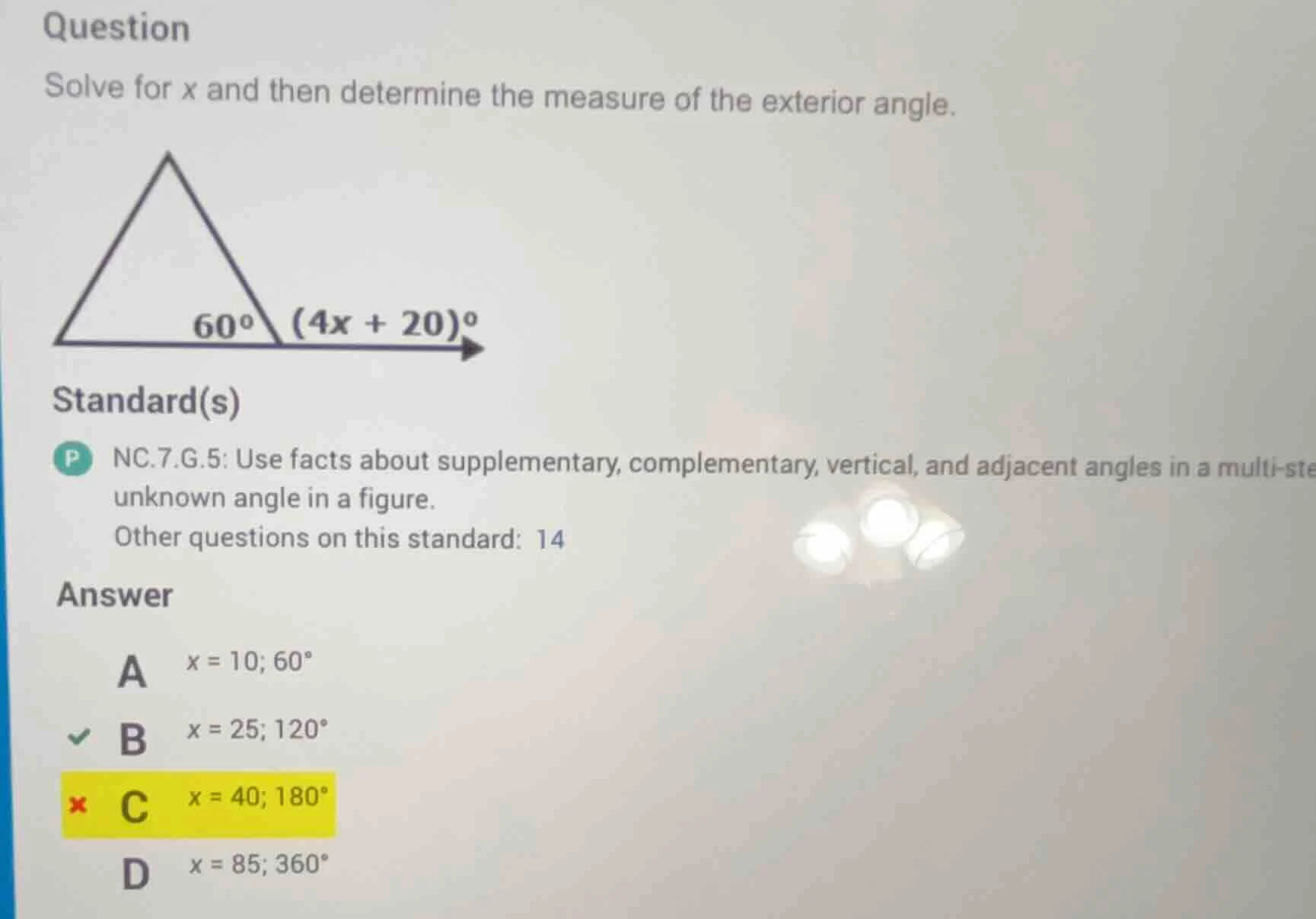 question solve for x and then determine the measure of the exterior ang…